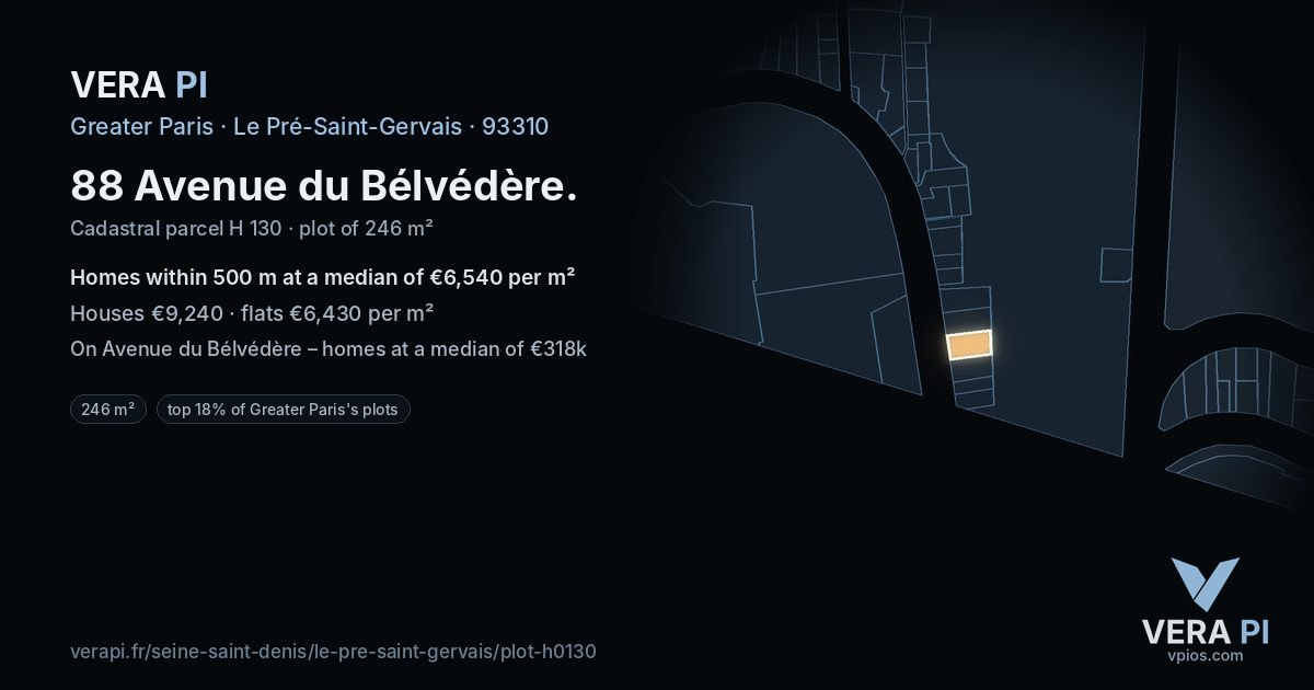 88 Avenue du Bélvédère, Le Pré-Saint-Gervais at night – the plot lit, the parcels around coloured by the prices near them