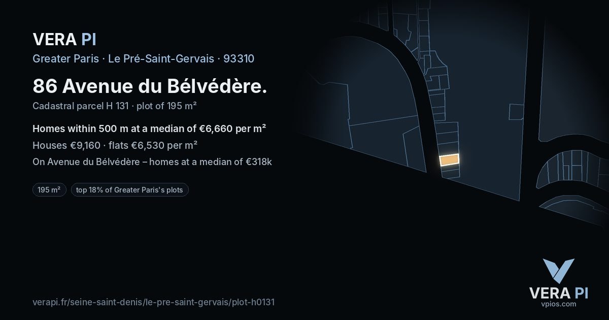 86 Avenue du Bélvédère, Le Pré-Saint-Gervais at night – the plot lit, the parcels around coloured by the prices near them