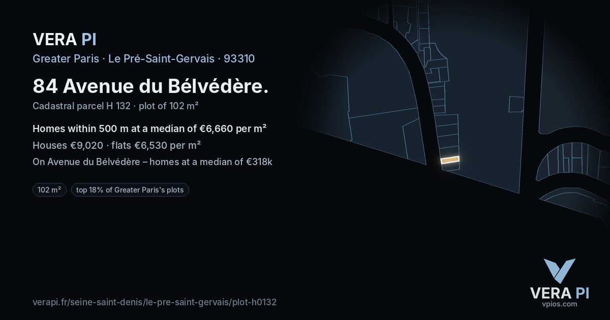 84 Avenue du Bélvédère, Le Pré-Saint-Gervais at night – the plot lit, the parcels around coloured by the prices near them