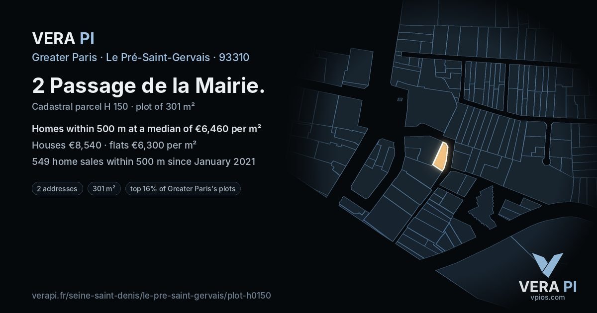 2 Passage de la Mairie, Le Pré-Saint-Gervais at night – the plot lit, the parcels around coloured by the prices near them