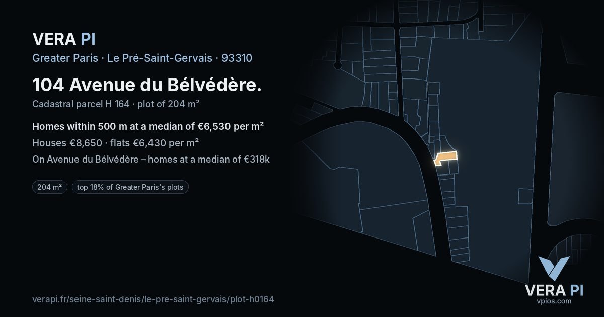 104 Avenue du Bélvédère, Le Pré-Saint-Gervais at night – the plot lit, the parcels around coloured by the prices near them