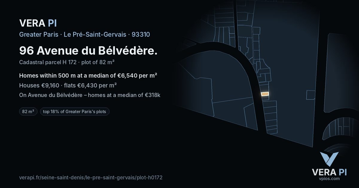 96 Avenue du Bélvédère, Le Pré-Saint-Gervais at night – the plot lit, the parcels around coloured by the prices near them