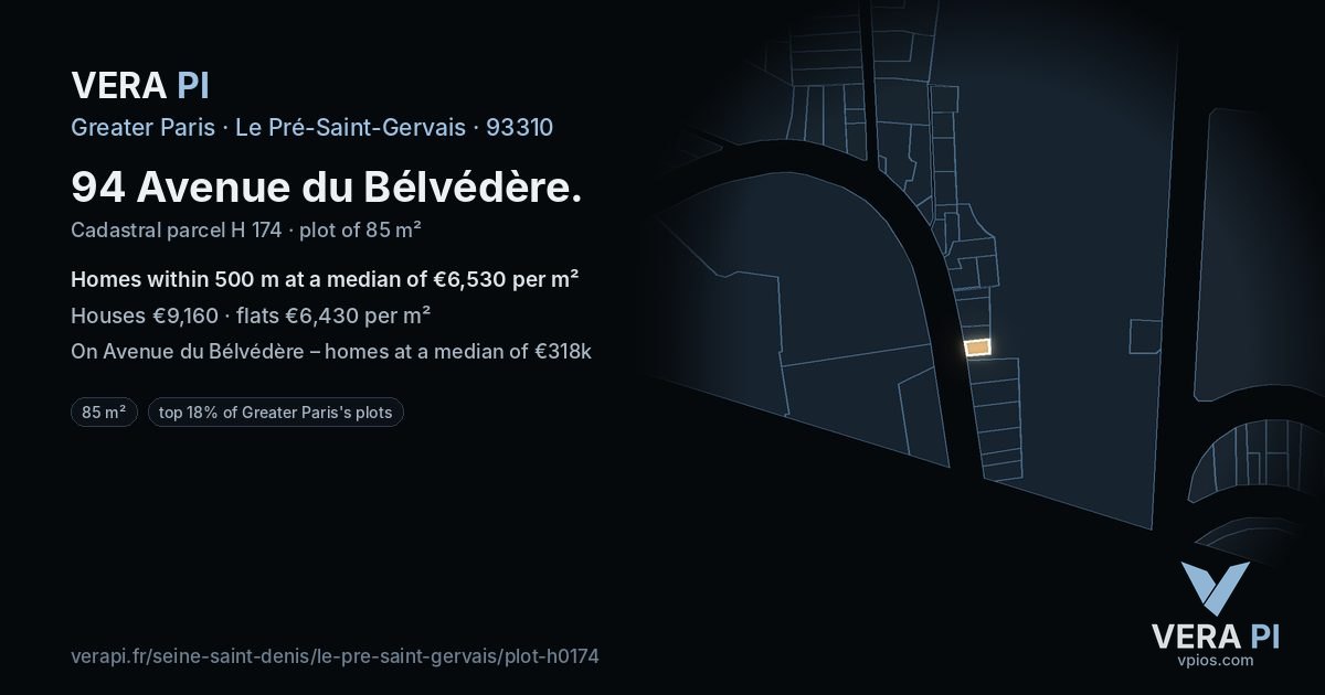 94 Avenue du Bélvédère, Le Pré-Saint-Gervais at night – the plot lit, the parcels around coloured by the prices near them