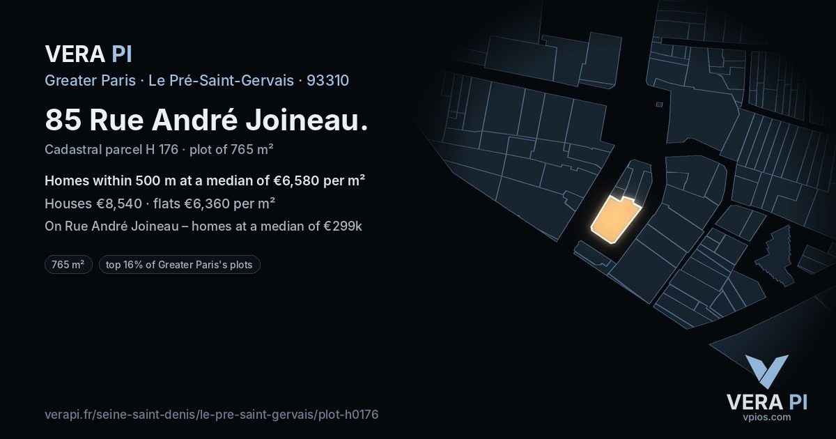 85 Rue André Joineau, Le Pré-Saint-Gervais at night – the plot lit, the parcels around coloured by the prices near them