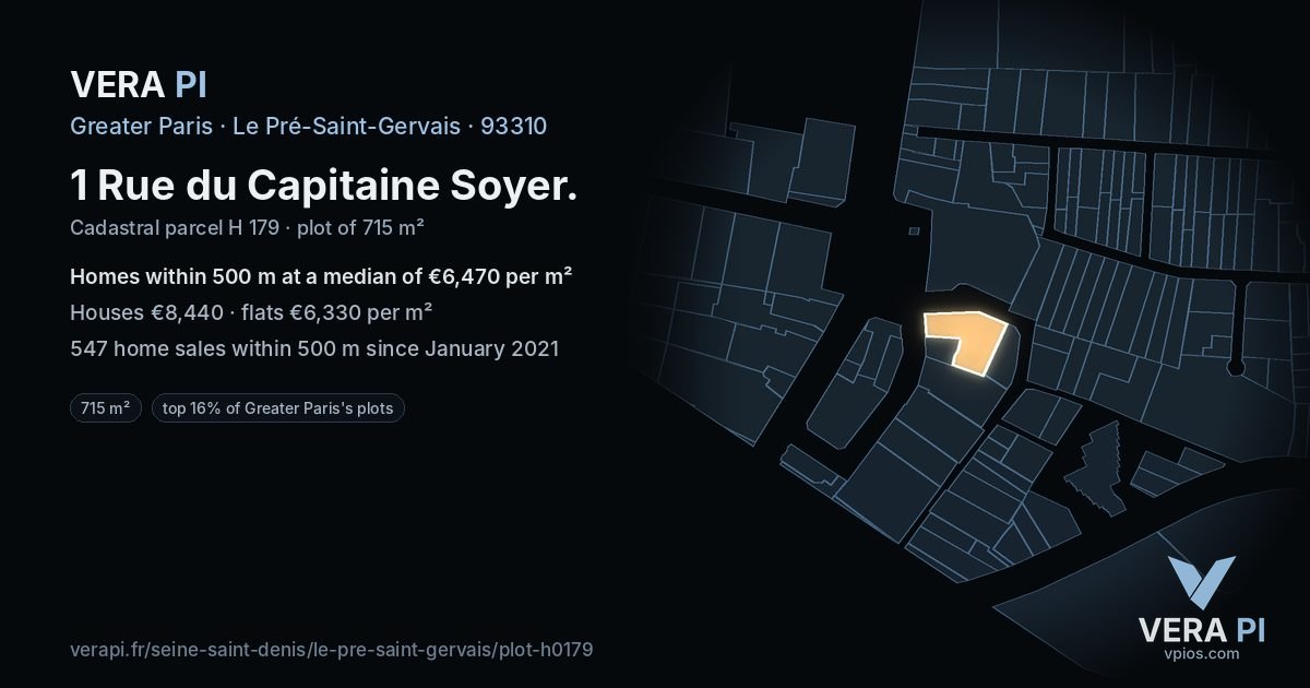 1 Rue du Capitaine Soyer, Le Pré-Saint-Gervais at night – the plot lit, the parcels around coloured by the prices near them