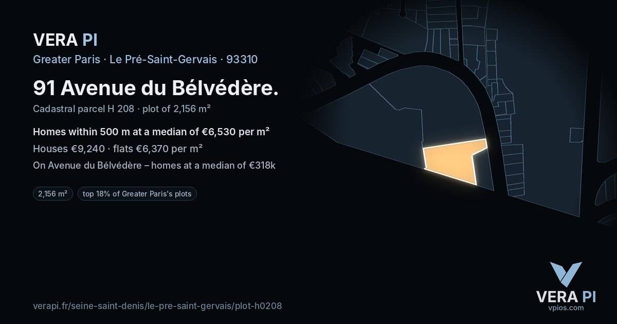 91 Avenue du Bélvédère, Le Pré-Saint-Gervais at night – the plot lit, the parcels around coloured by the prices near them