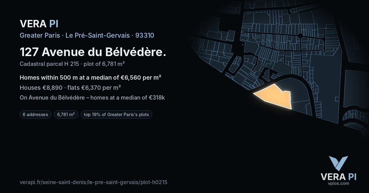 127 Avenue du Bélvédère, Le Pré-Saint-Gervais at night – the plot lit, the parcels around coloured by the prices near them
