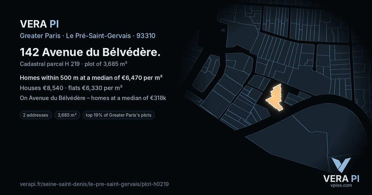142 Avenue du Bélvédère, Le Pré-Saint-Gervais at night – the plot lit, the parcels around coloured by the prices near them