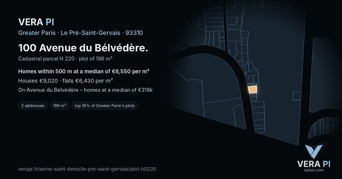100 Avenue du Bélvédère, Le Pré-Saint-Gervais at night – the plot lit, the parcels around coloured by the prices near them