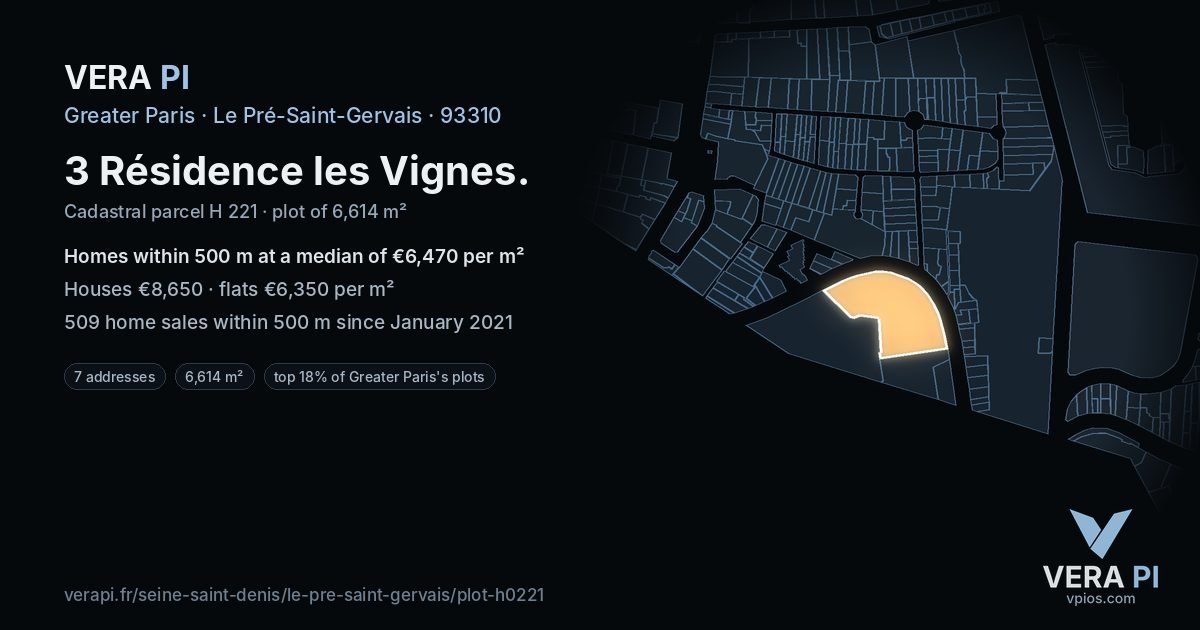 3 Résidence les Vignes, Le Pré-Saint-Gervais at night – the plot lit, the parcels around coloured by the prices near them