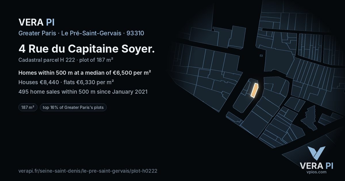 4 Rue du Capitaine Soyer, Le Pré-Saint-Gervais at night – the plot lit, the parcels around coloured by the prices near them