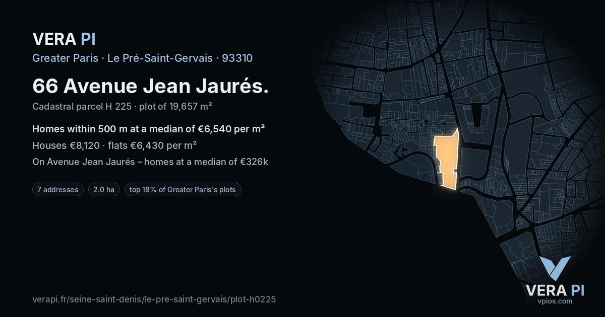 66 Avenue Jean Jaurés, Le Pré-Saint-Gervais at night – the plot lit, the parcels around coloured by the prices near them