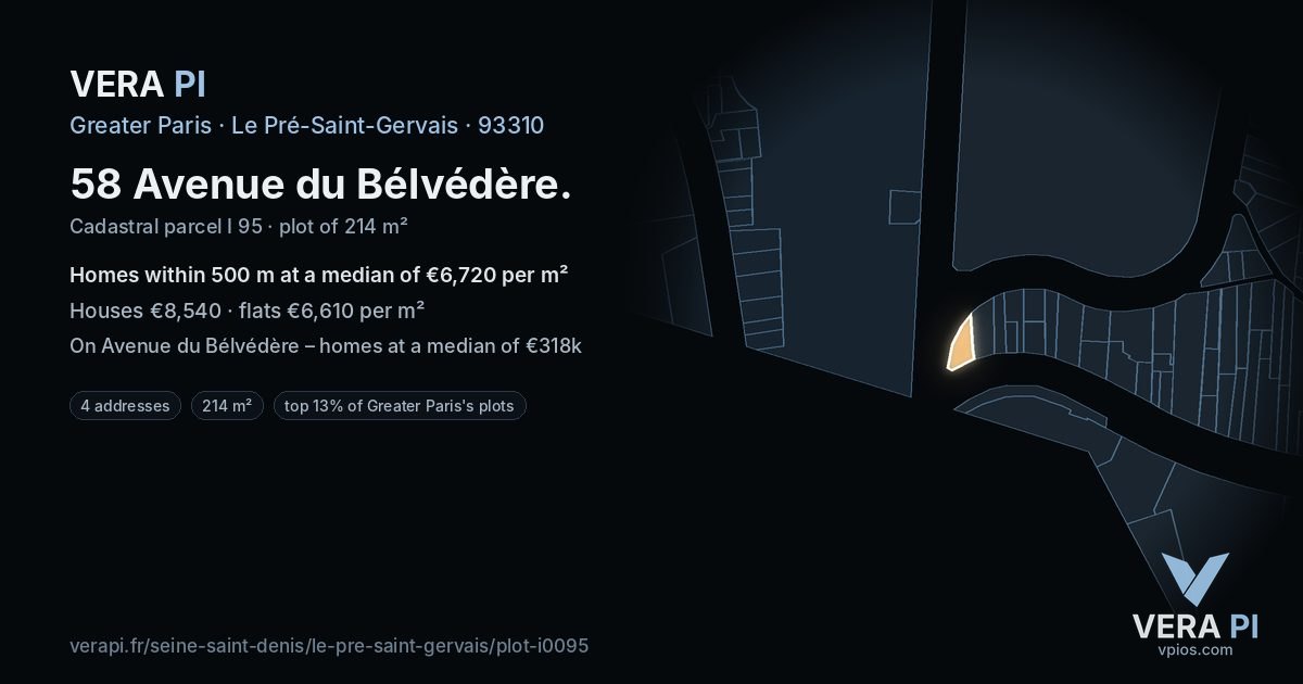 58 Avenue du Bélvédère, Le Pré-Saint-Gervais at night – the plot lit, the parcels around coloured by the prices near them