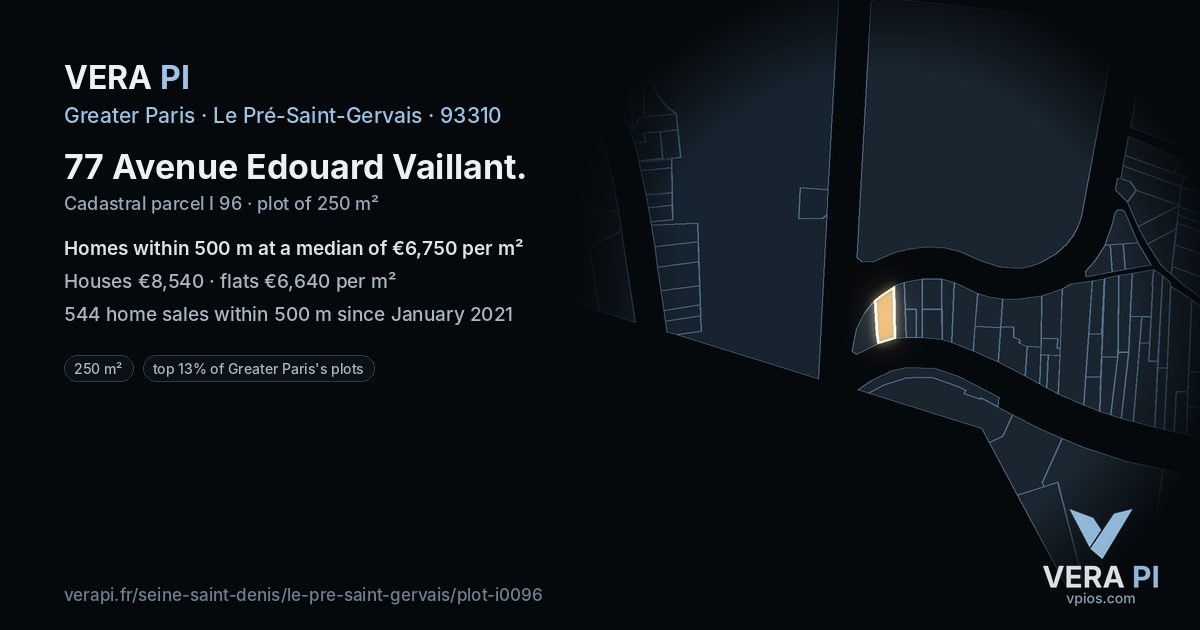 77 Avenue Edouard Vaillant, Le Pré-Saint-Gervais at night – the plot lit, the parcels around coloured by the prices near them