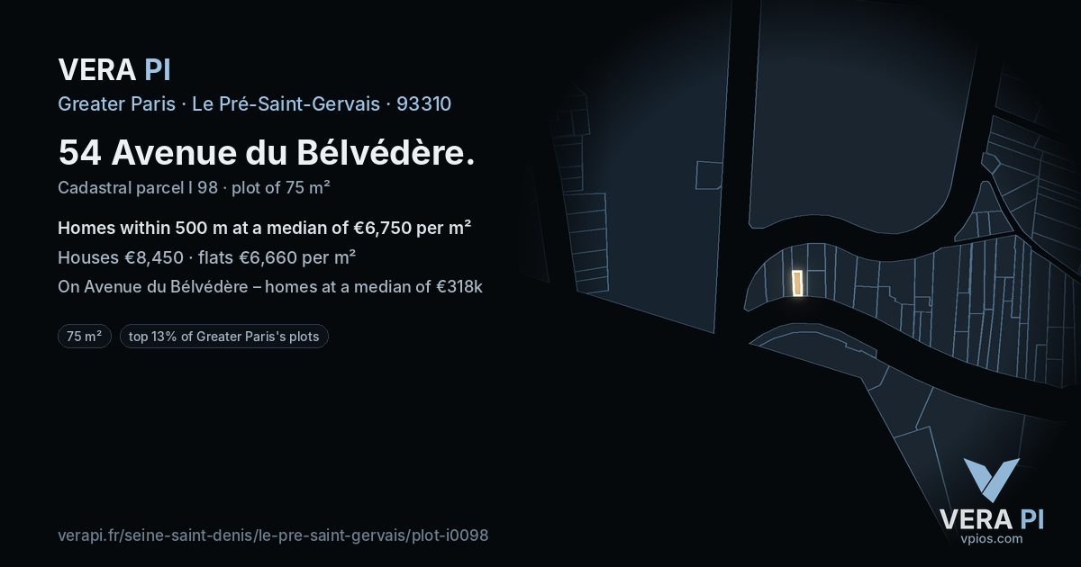 54 Avenue du Bélvédère, Le Pré-Saint-Gervais at night – the plot lit, the parcels around coloured by the prices near them