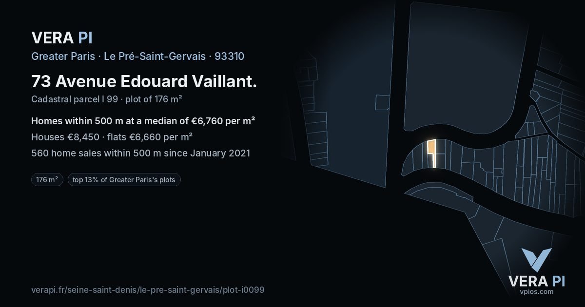 73 Avenue Edouard Vaillant, Le Pré-Saint-Gervais at night – the plot lit, the parcels around coloured by the prices near them