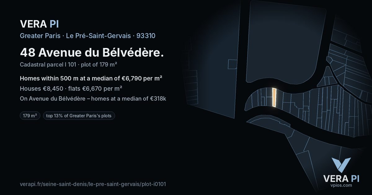 48 Avenue du Bélvédère, Le Pré-Saint-Gervais at night – the plot lit, the parcels around coloured by the prices near them
