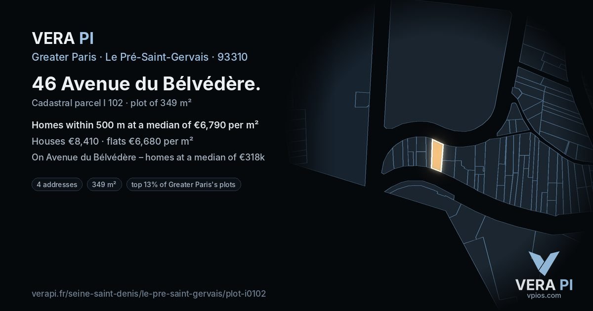 46 Avenue du Bélvédère, Le Pré-Saint-Gervais at night – the plot lit, the parcels around coloured by the prices near them