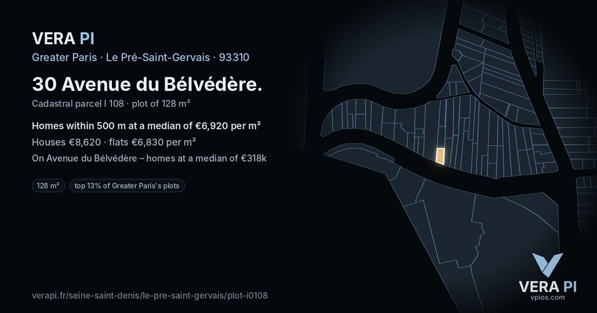 30 Avenue du Bélvédère, Le Pré-Saint-Gervais at night – the plot lit, the parcels around coloured by the prices near them