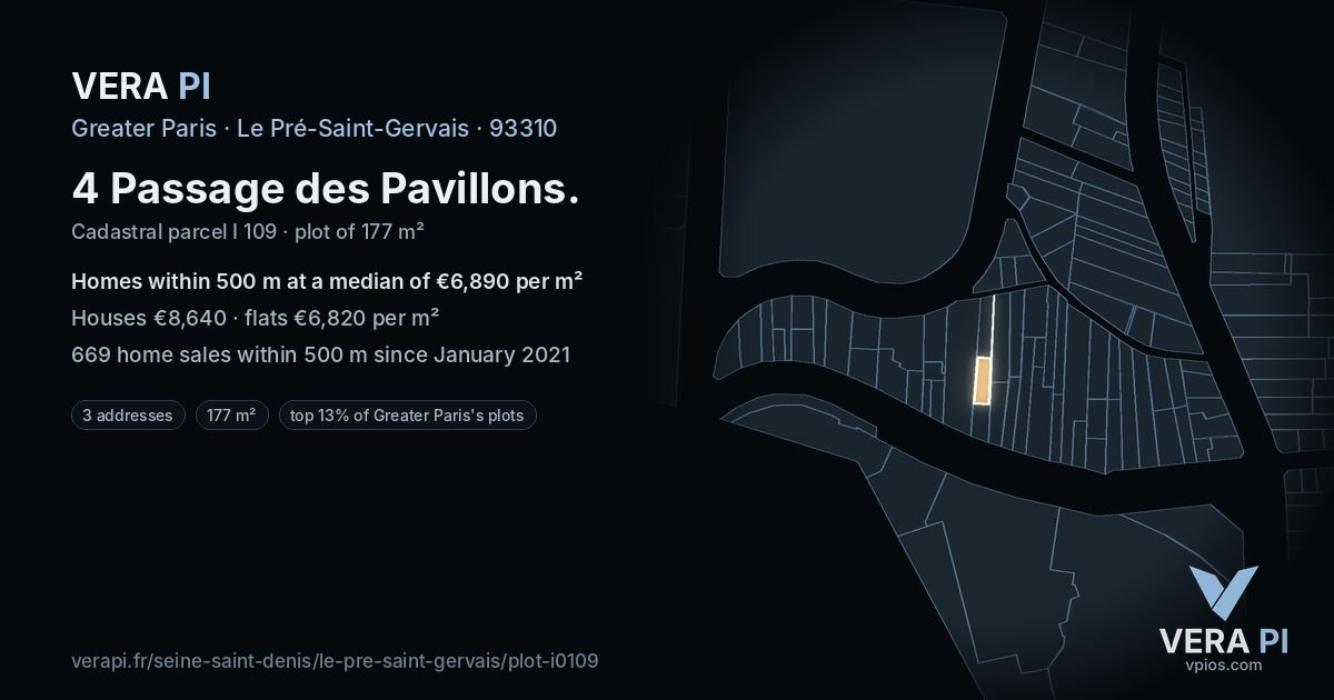4 Passage des Pavillons, Le Pré-Saint-Gervais at night – the plot lit, the parcels around coloured by the prices near them