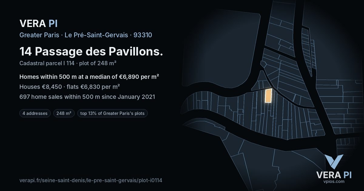 14 Passage des Pavillons, Le Pré-Saint-Gervais at night – the plot lit, the parcels around coloured by the prices near them