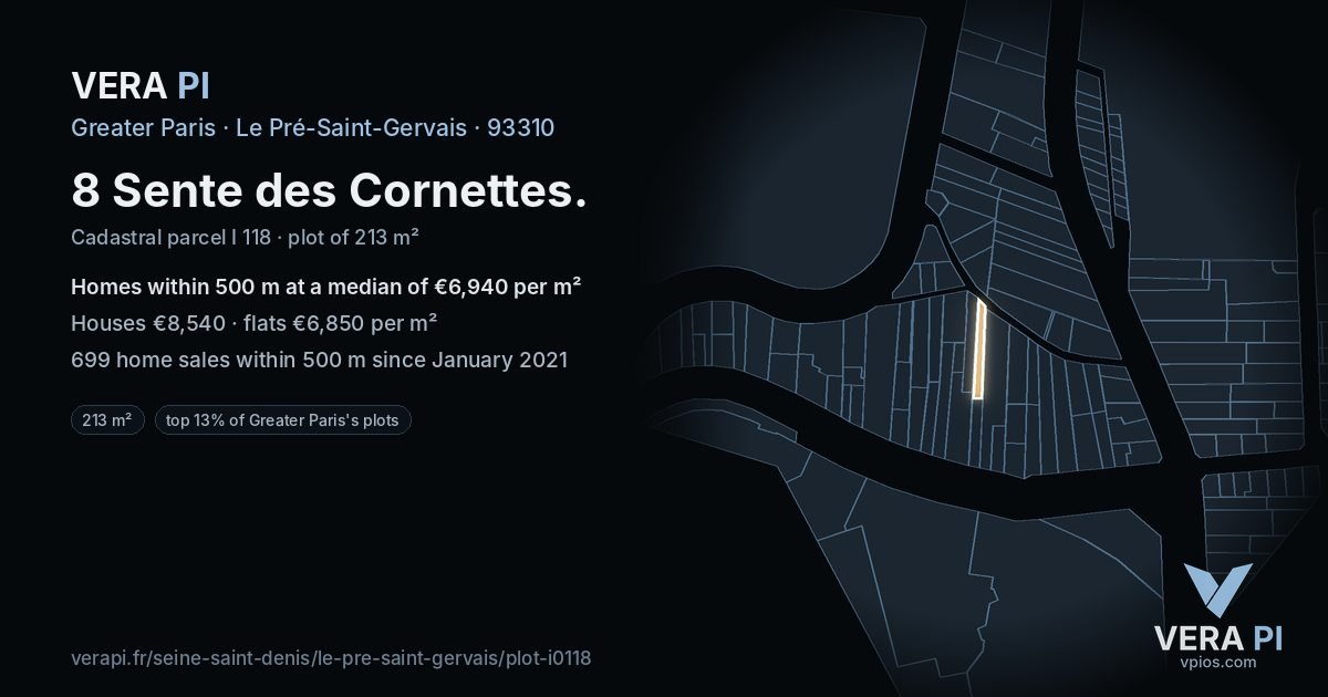 8 Sente des Cornettes, Le Pré-Saint-Gervais at night – the plot lit, the parcels around coloured by the prices near them