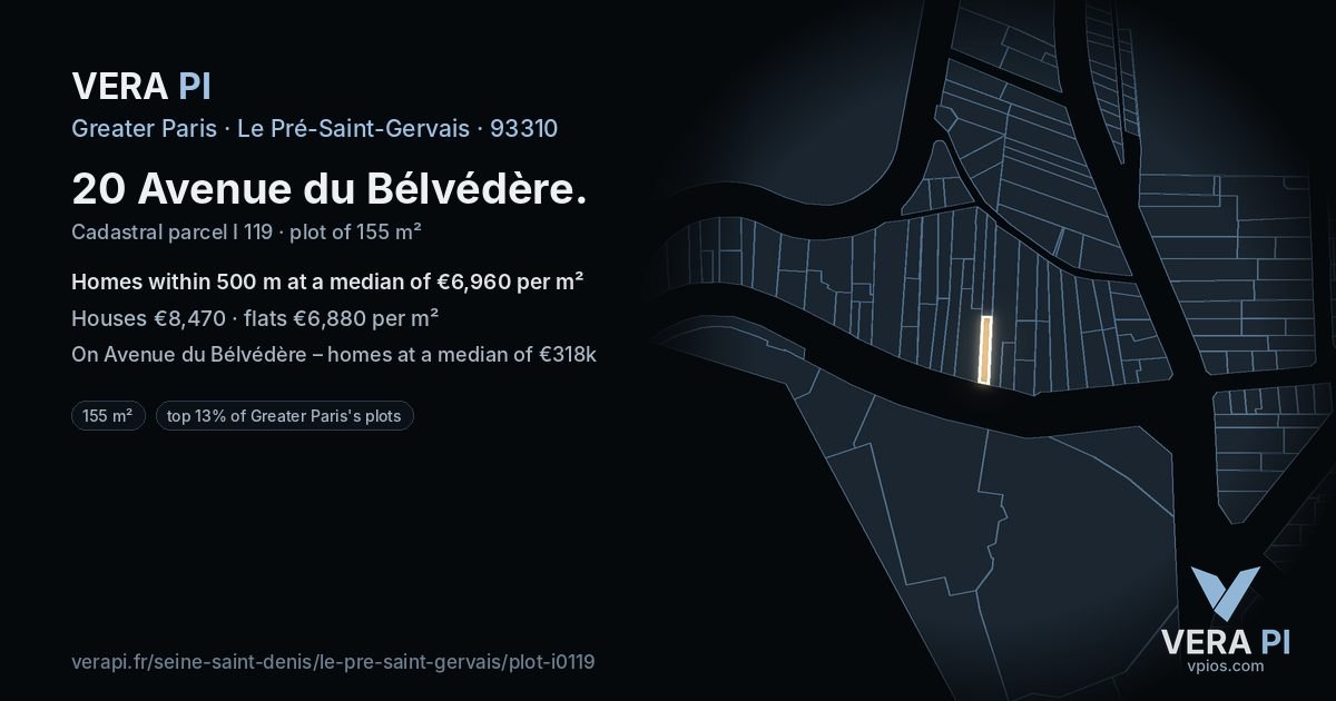 20 Avenue du Bélvédère, Le Pré-Saint-Gervais at night – the plot lit, the parcels around coloured by the prices near them