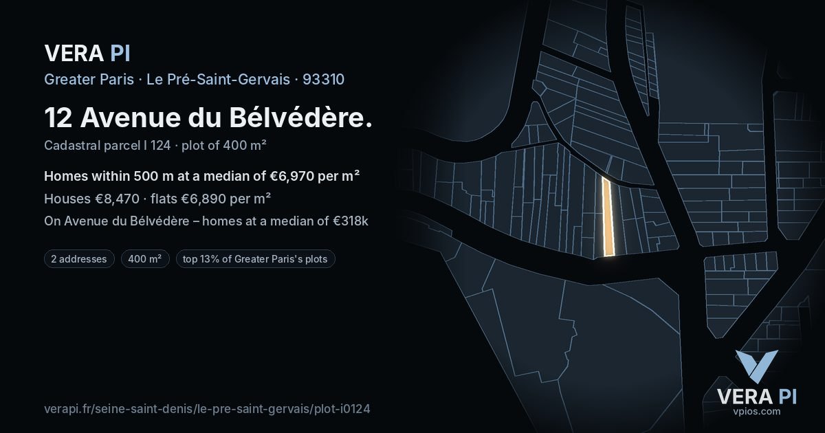 12 Avenue du Bélvédère, Le Pré-Saint-Gervais at night – the plot lit, the parcels around coloured by the prices near them