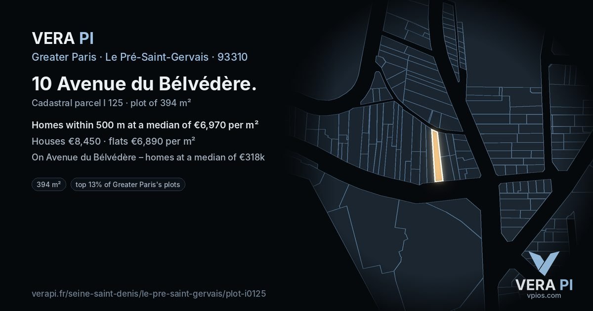 10 Avenue du Bélvédère, Le Pré-Saint-Gervais at night – the plot lit, the parcels around coloured by the prices near them