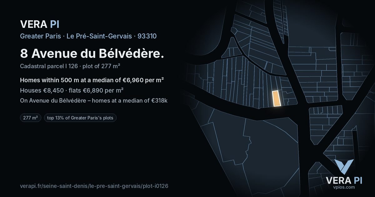 8 Avenue du Bélvédère, Le Pré-Saint-Gervais at night – the plot lit, the parcels around coloured by the prices near them