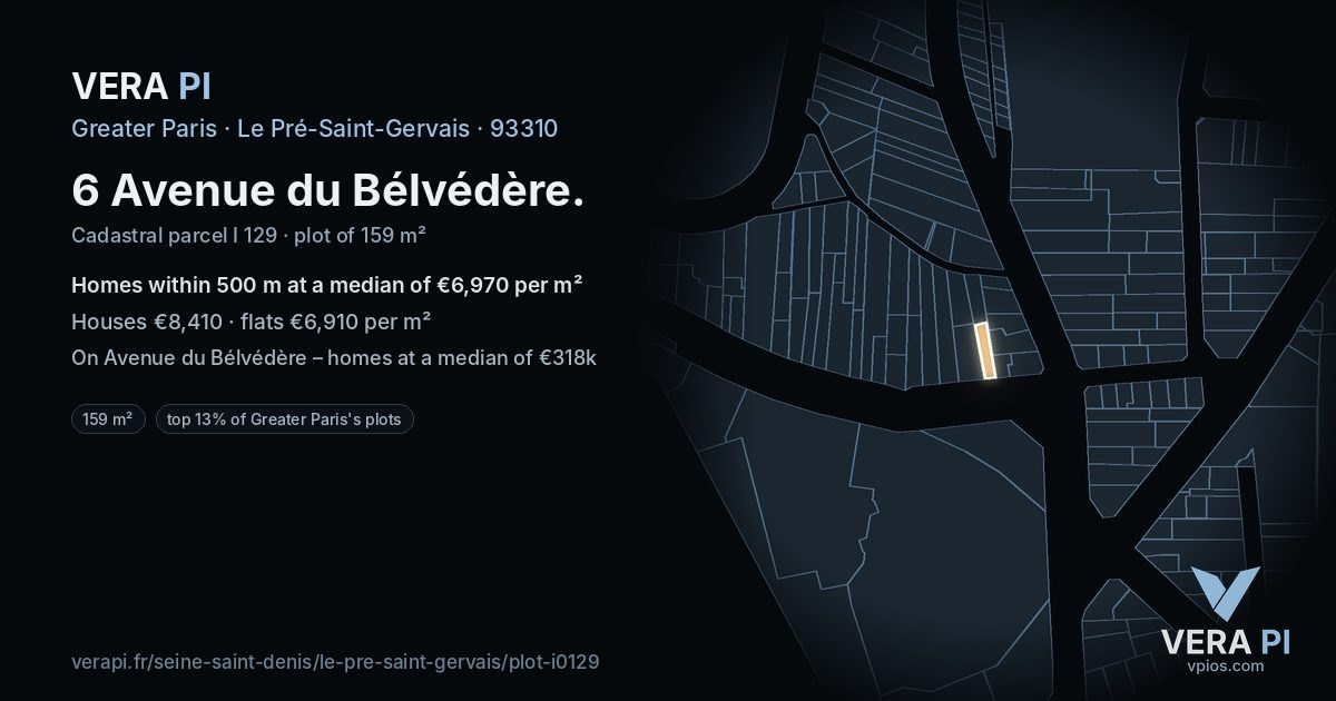 6 Avenue du Bélvédère, Le Pré-Saint-Gervais at night – the plot lit, the parcels around coloured by the prices near them