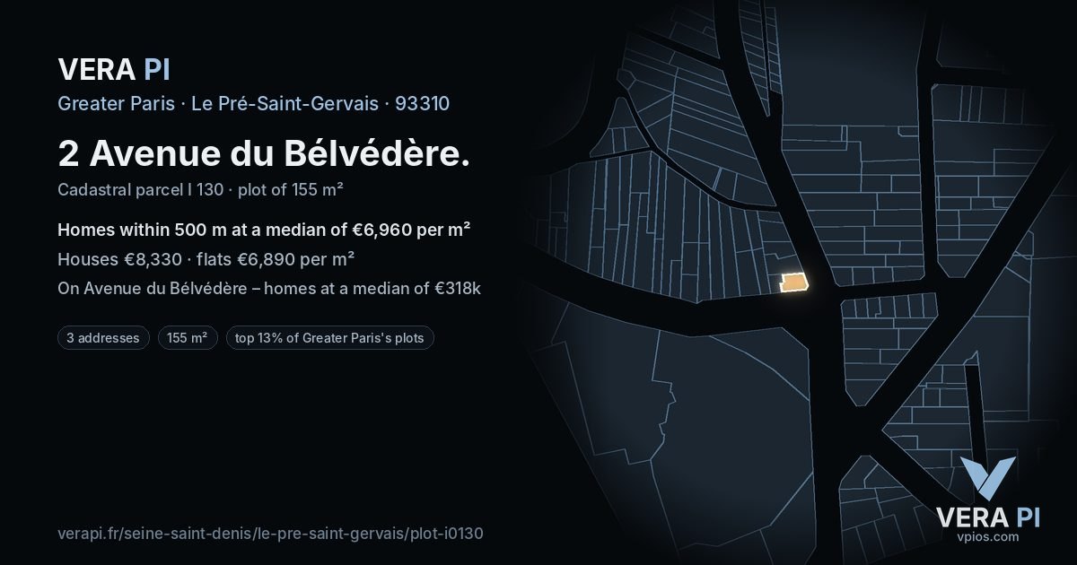 2 Avenue du Bélvédère, Le Pré-Saint-Gervais at night – the plot lit, the parcels around coloured by the prices near them