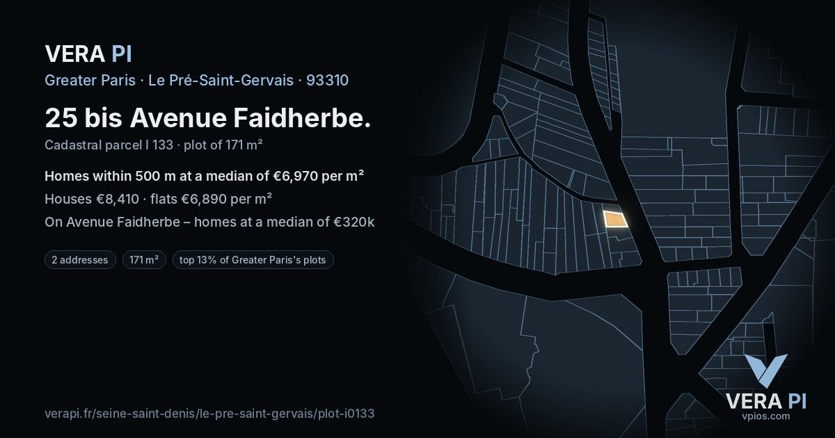 25 bis Avenue Faidherbe, Le Pré-Saint-Gervais at night – the plot lit, the parcels around coloured by the prices near them