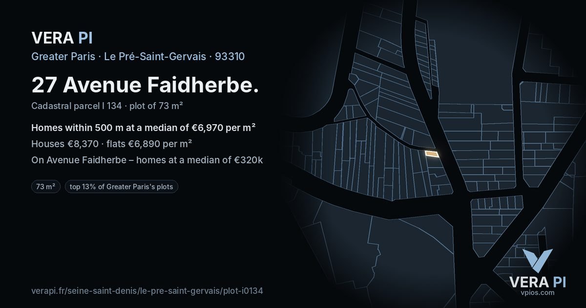 27 Avenue Faidherbe, Le Pré-Saint-Gervais at night – the plot lit, the parcels around coloured by the prices near them