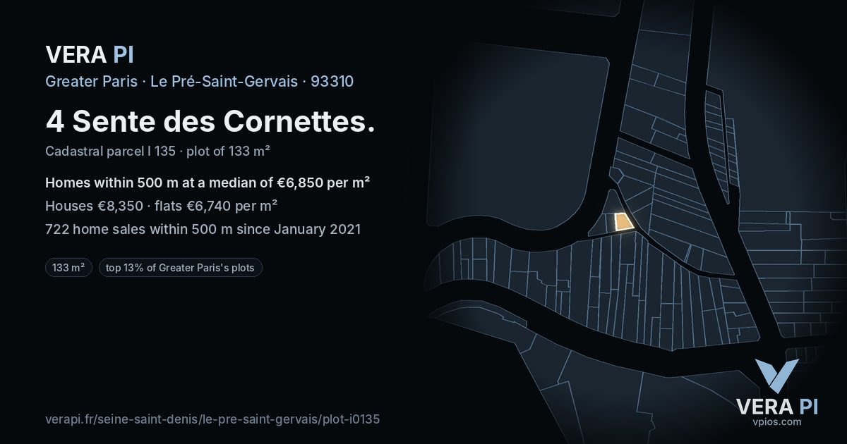 4 Sente des Cornettes, Le Pré-Saint-Gervais at night – the plot lit, the parcels around coloured by the prices near them