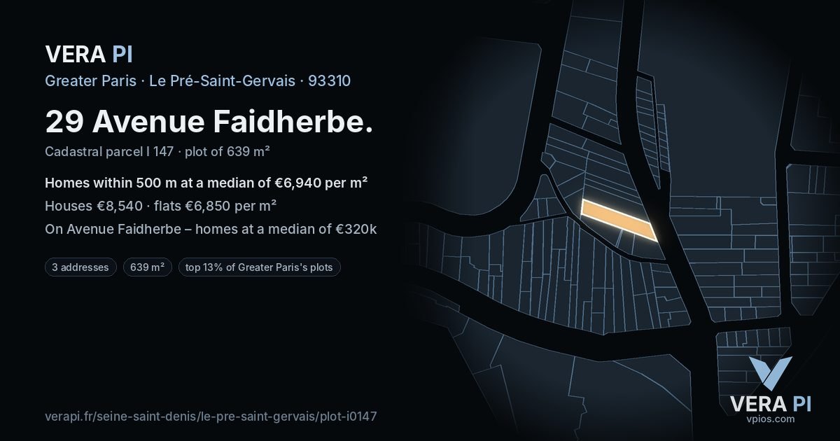29 Avenue Faidherbe, Le Pré-Saint-Gervais at night – the plot lit, the parcels around coloured by the prices near them