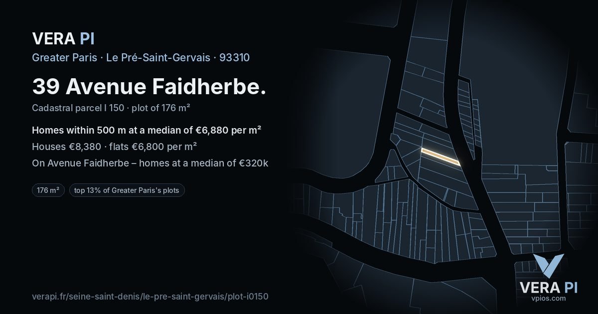 39 Avenue Faidherbe, Le Pré-Saint-Gervais at night – the plot lit, the parcels around coloured by the prices near them