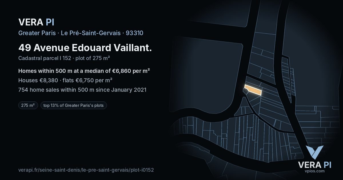 49 Avenue Edouard Vaillant, Le Pré-Saint-Gervais at night – the plot lit, the parcels around coloured by the prices near them