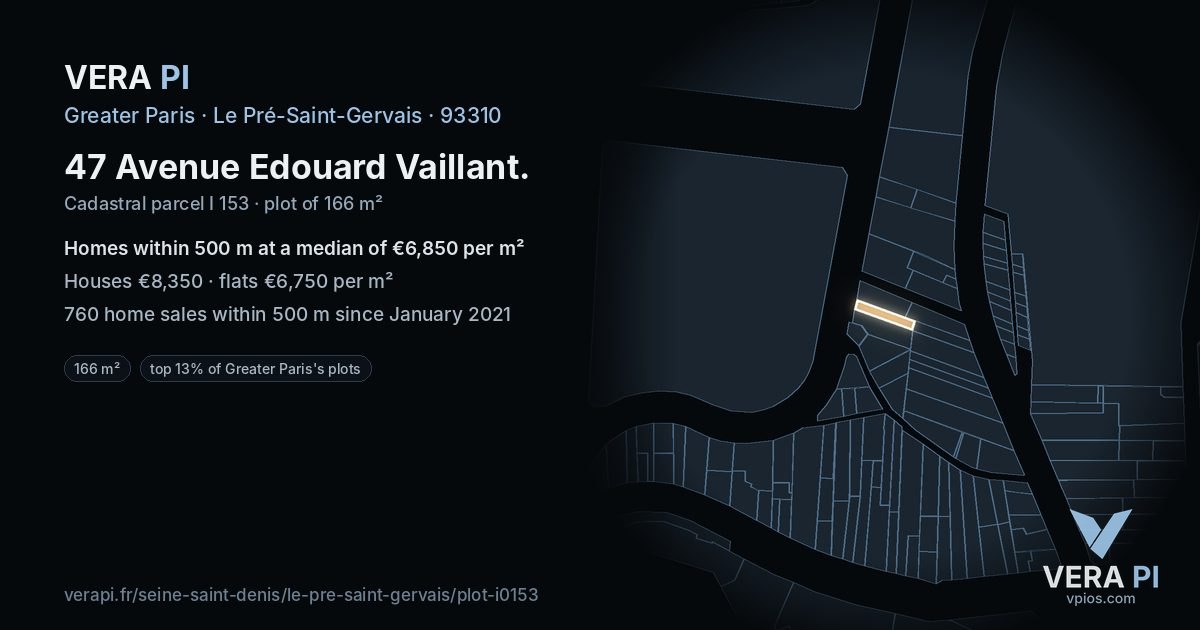 47 Avenue Edouard Vaillant, Le Pré-Saint-Gervais at night – the plot lit, the parcels around coloured by the prices near them
