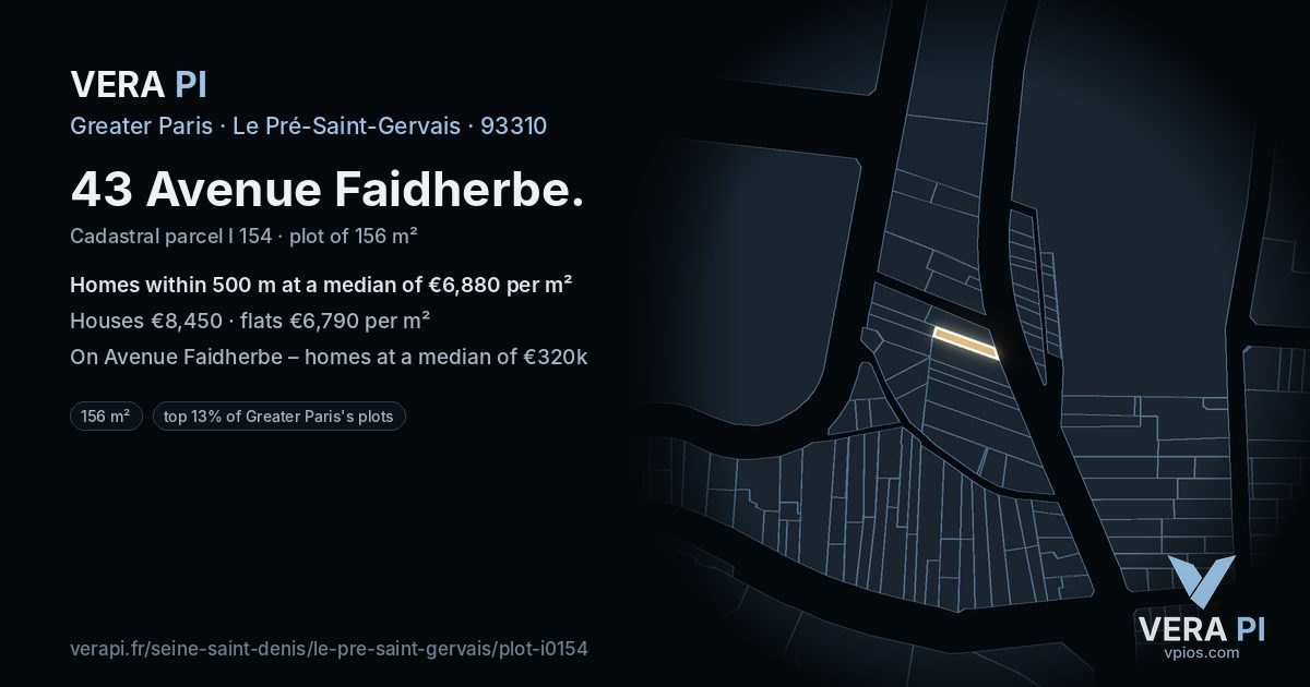 43 Avenue Faidherbe, Le Pré-Saint-Gervais at night – the plot lit, the parcels around coloured by the prices near them