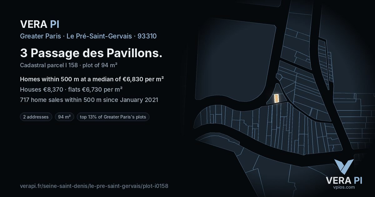3 Passage des Pavillons, Le Pré-Saint-Gervais at night – the plot lit, the parcels around coloured by the prices near them
