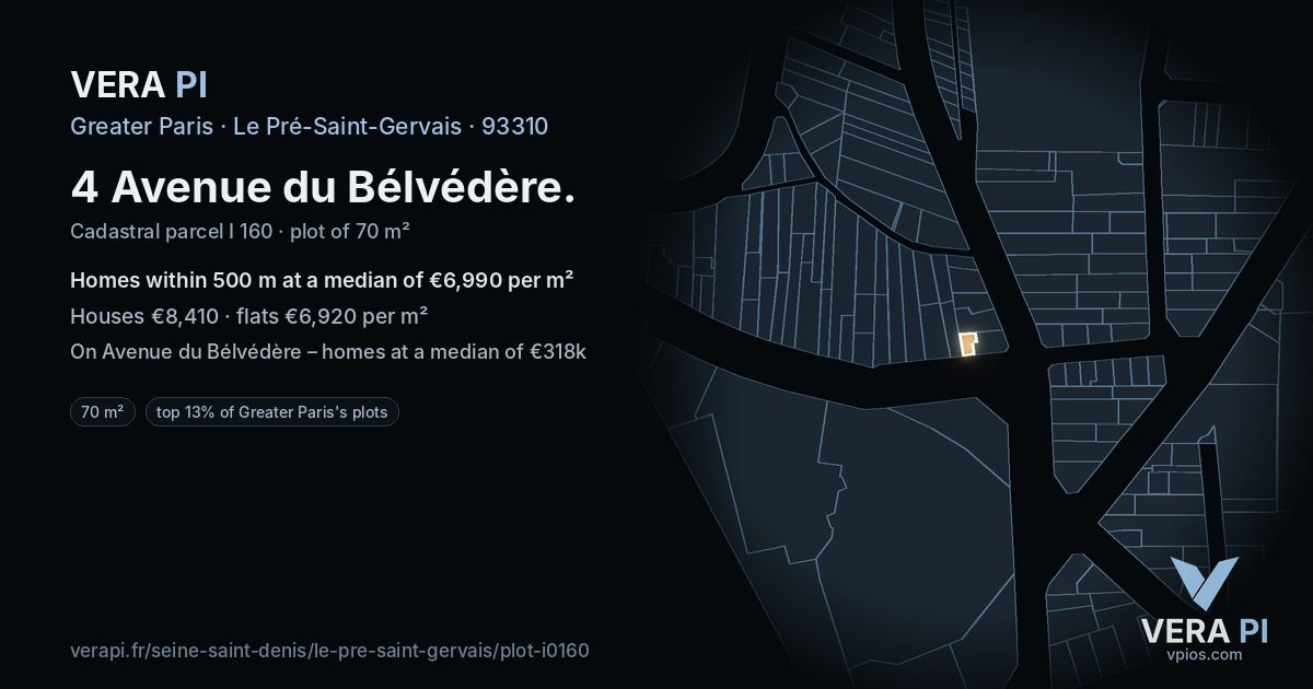 4 Avenue du Bélvédère, Le Pré-Saint-Gervais at night – the plot lit, the parcels around coloured by the prices near them