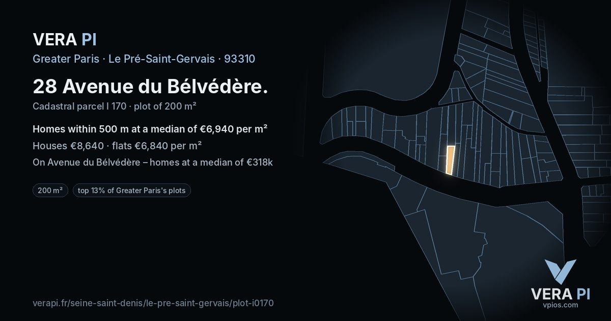 28 Avenue du Bélvédère, Le Pré-Saint-Gervais at night – the plot lit, the parcels around coloured by the prices near them