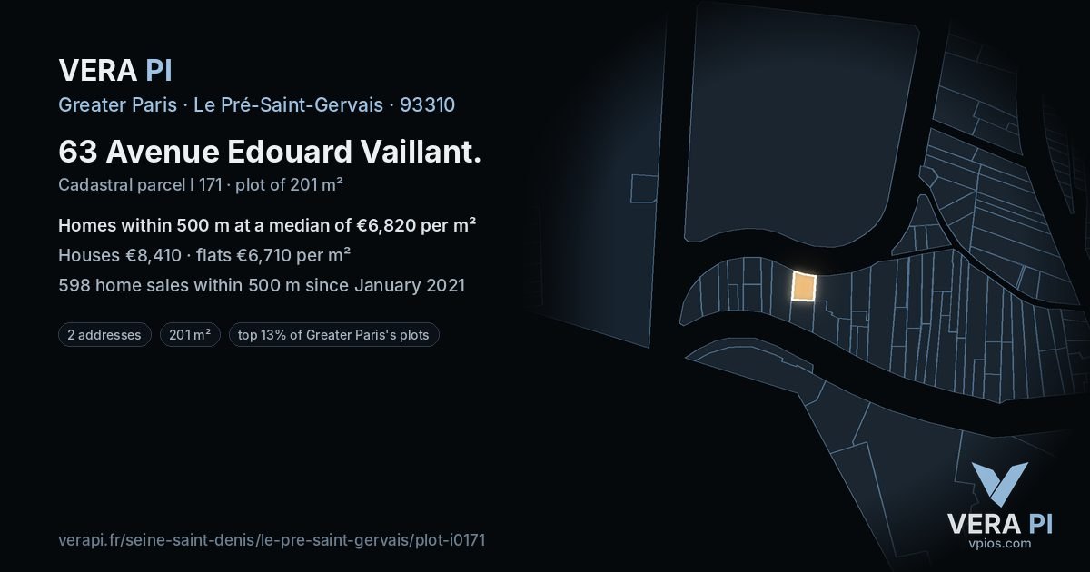 63 Avenue Edouard Vaillant, Le Pré-Saint-Gervais at night – the plot lit, the parcels around coloured by the prices near them