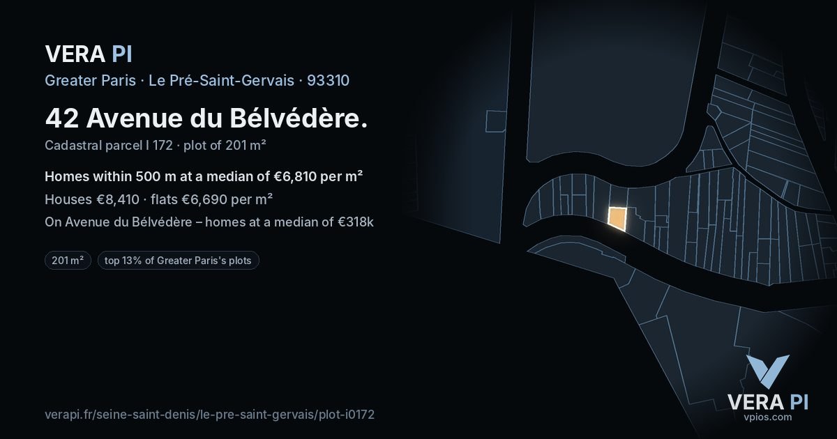 42 Avenue du Bélvédère, Le Pré-Saint-Gervais at night – the plot lit, the parcels around coloured by the prices near them