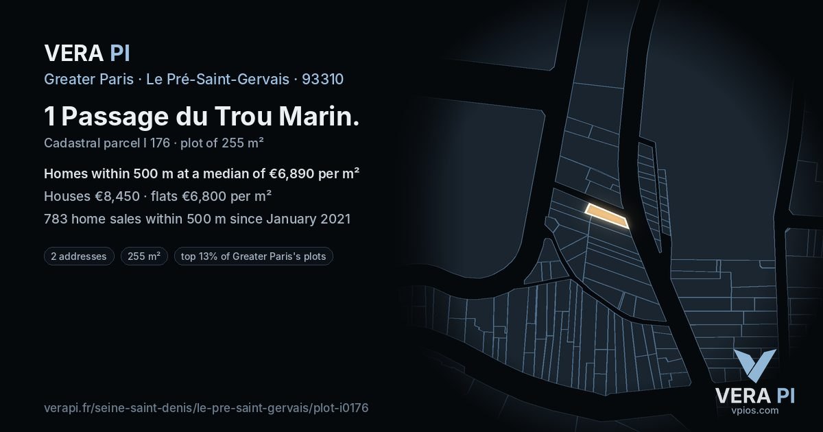 1 Passage du Trou Marin, Le Pré-Saint-Gervais at night – the plot lit, the parcels around coloured by the prices near them
