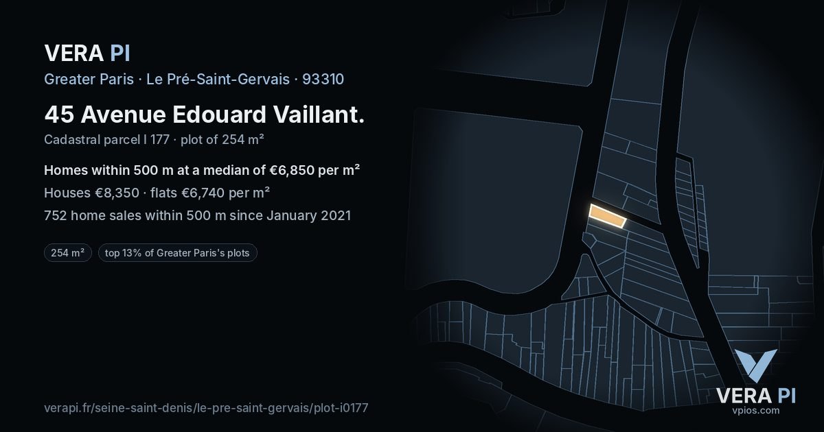 45 Avenue Edouard Vaillant, Le Pré-Saint-Gervais at night – the plot lit, the parcels around coloured by the prices near them
