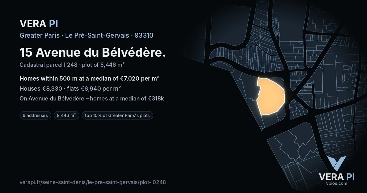 15 Avenue du Bélvédère, Le Pré-Saint-Gervais at night – the plot lit, the parcels around coloured by the prices near them