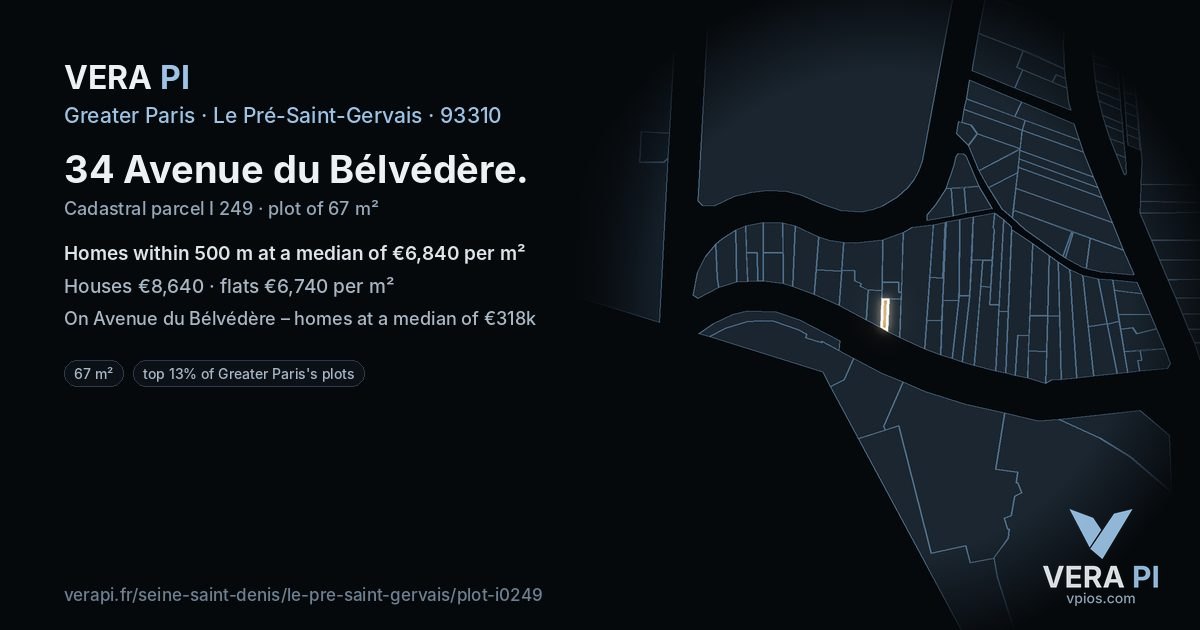 34 Avenue du Bélvédère, Le Pré-Saint-Gervais at night – the plot lit, the parcels around coloured by the prices near them