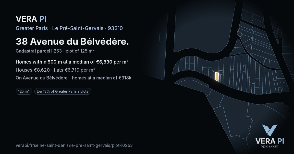 38 Avenue du Bélvédère, Le Pré-Saint-Gervais at night – the plot lit, the parcels around coloured by the prices near them